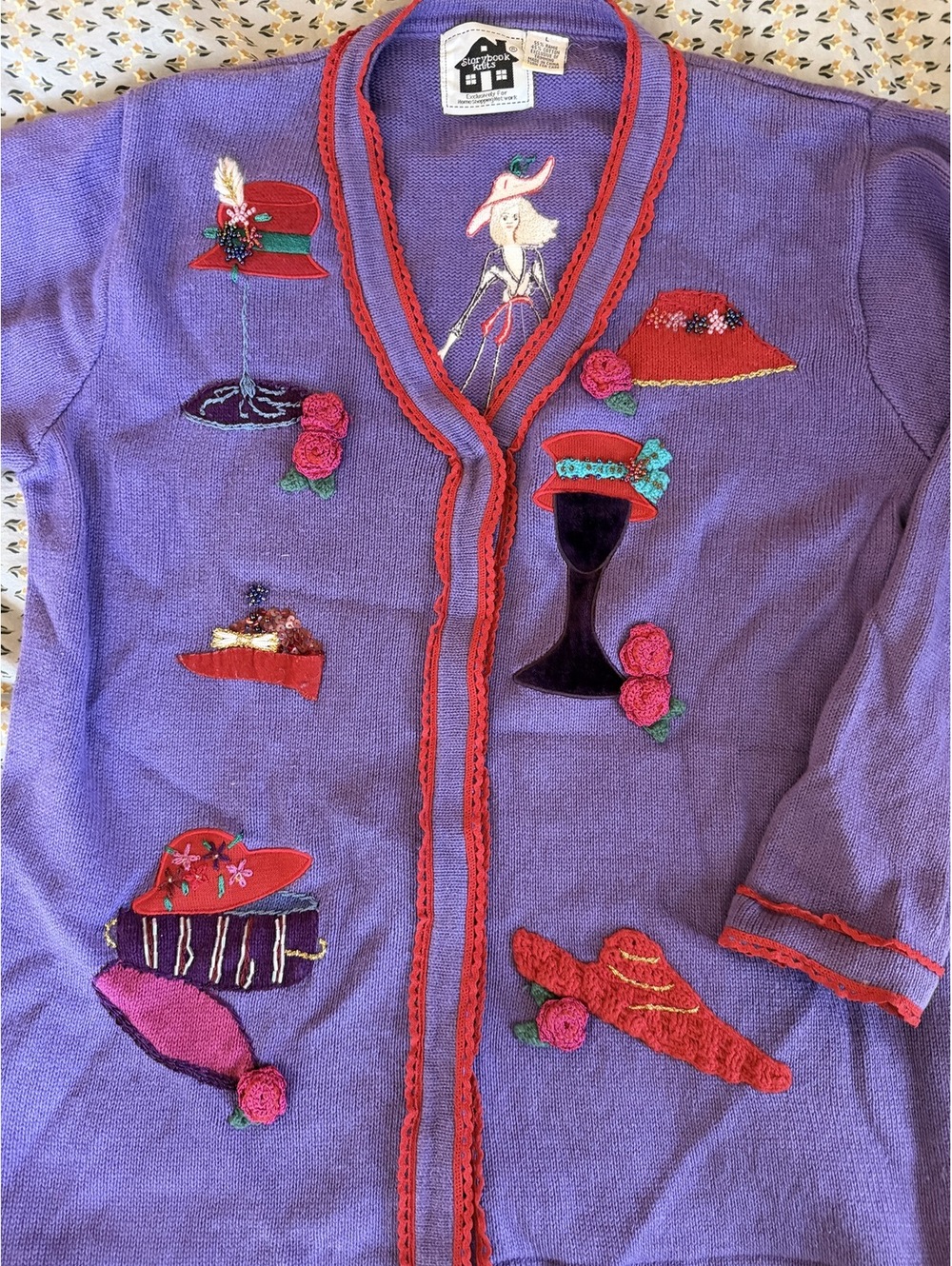 Storybook Knits Purple Cardigan Sweater with Embroidered Hats and Lady Motif, Sz - Picture 2 of 4